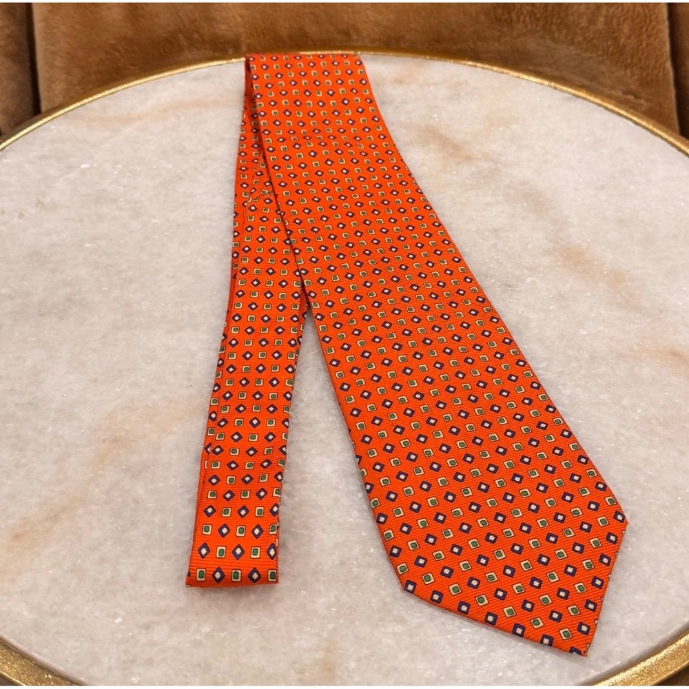 Lauren Ralph Lauren Mens Orange Geometric Silk Tie Hand Finished Made in USA